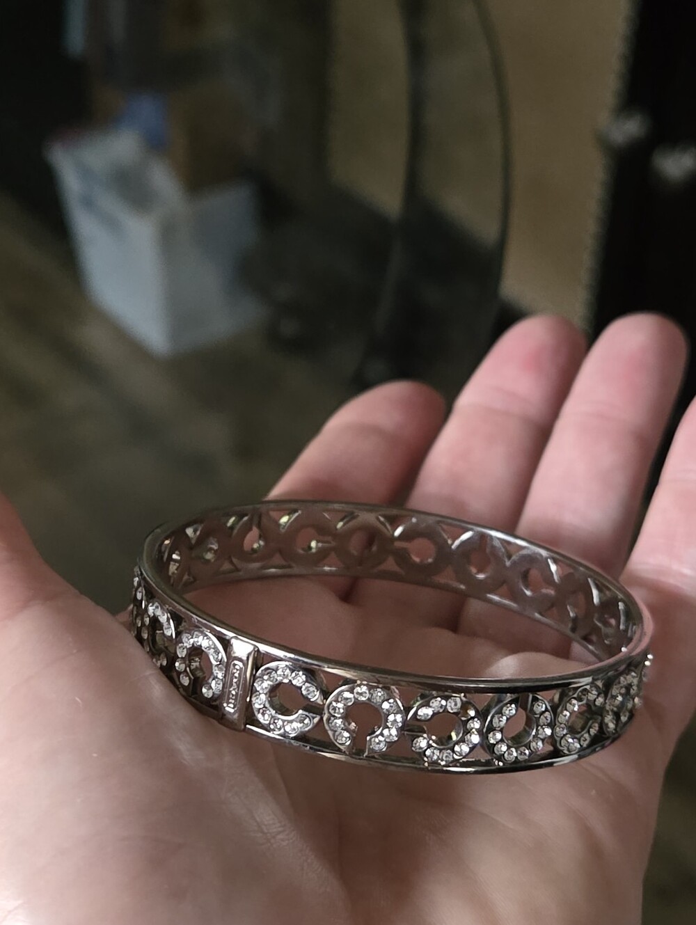 Coach Repeated C Hinged Bangle Silver-Tone Embellished Bangle Like New